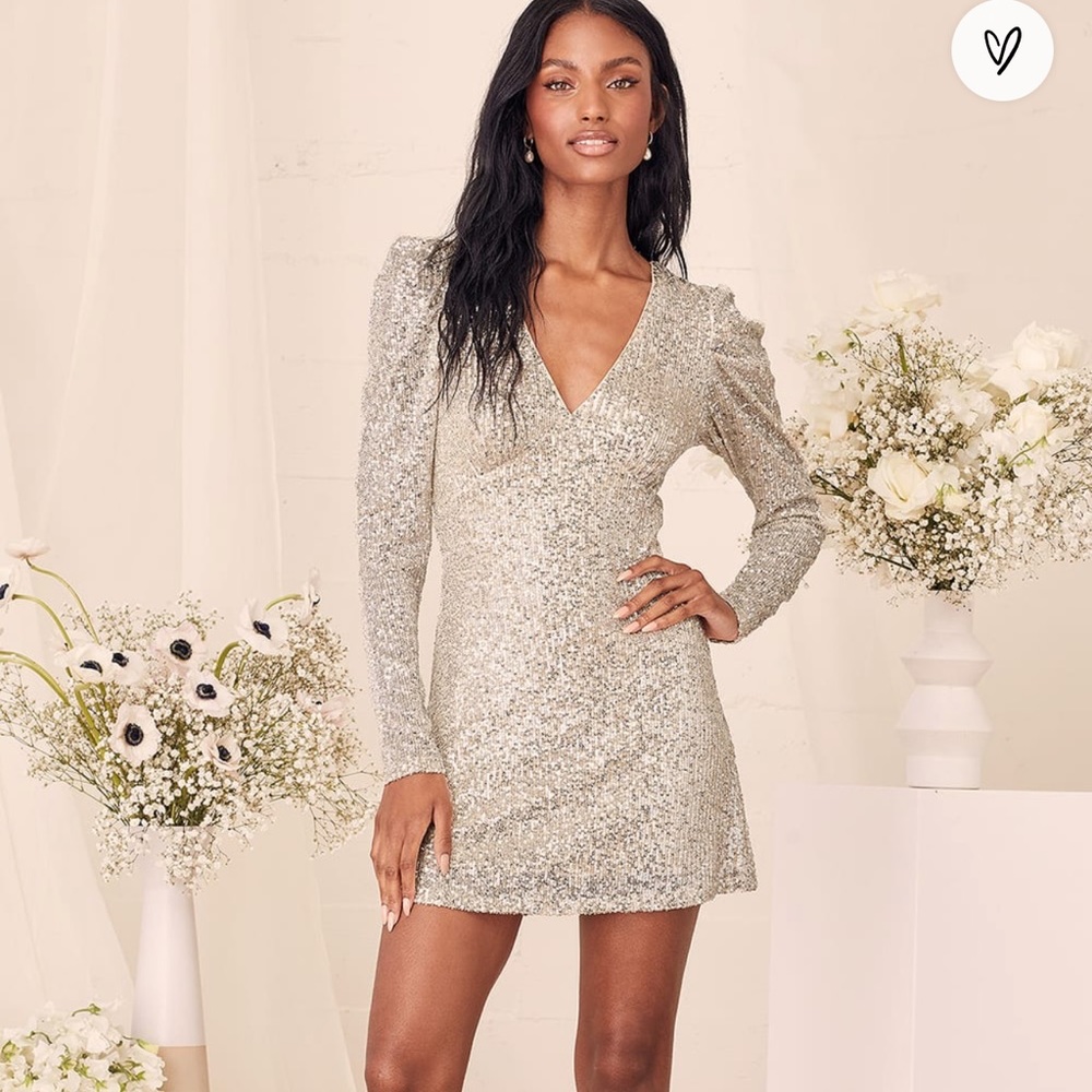Lulu’s Mini Dress Silver Sequin Long Sleeve